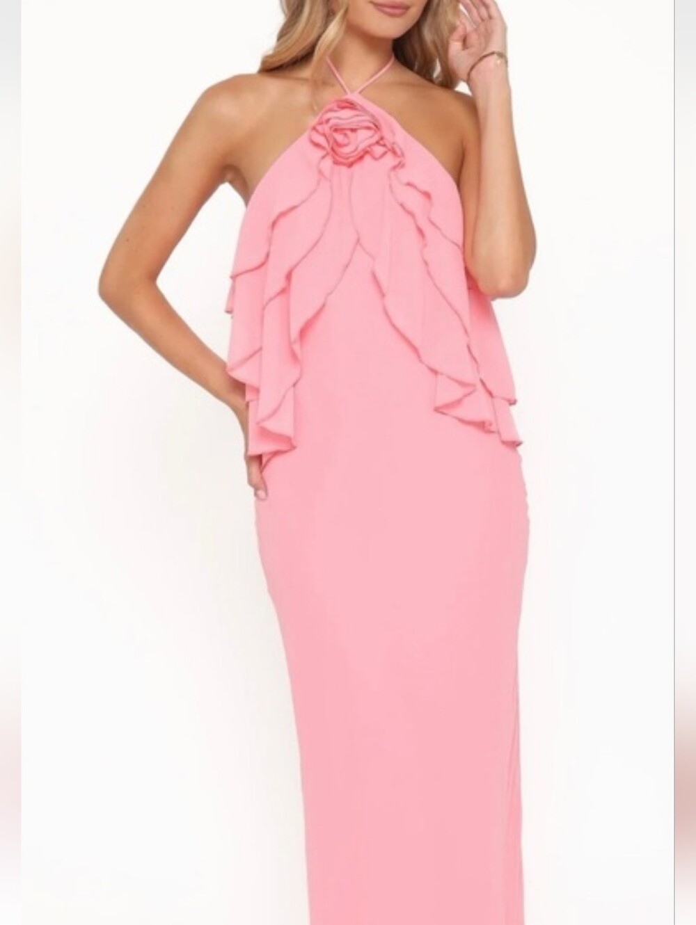 Petal & Pup Coral color maxi dress with Ruffle top and rose at neck size S NWTS